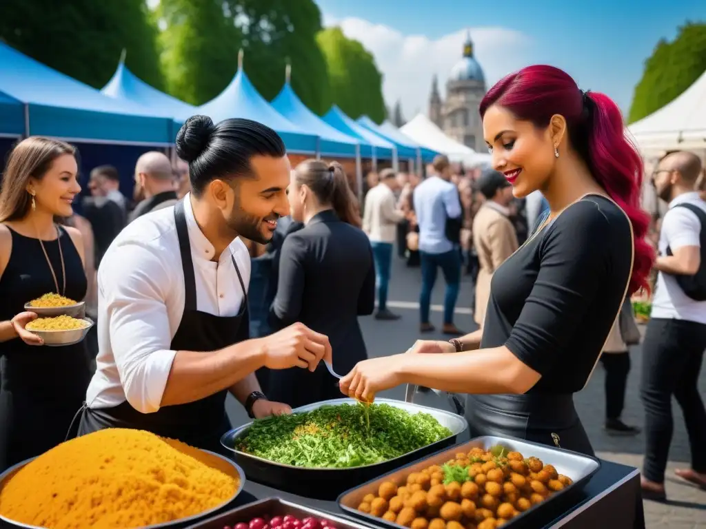 Un festival vibrante de cocina vegana en Europa: gente diversa explorando coloridos puestos de comida y participando en talleres