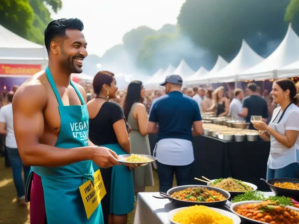 Festivales veganos impacto cultural: Escena festiva con diversidad de personas disfrutando platillos veganos en un ambiente inclusivo y animado