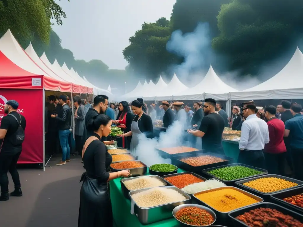 Festivales veganos gastronomía mundial: Festival vegano con platos coloridos y chefs apasionados