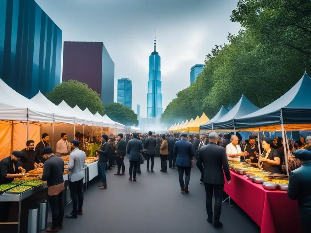 Festivales veganos alrededor del mundo: Escena callejera vibrante y bulliciosa con coloridos puestos de comida y gente disfrutando