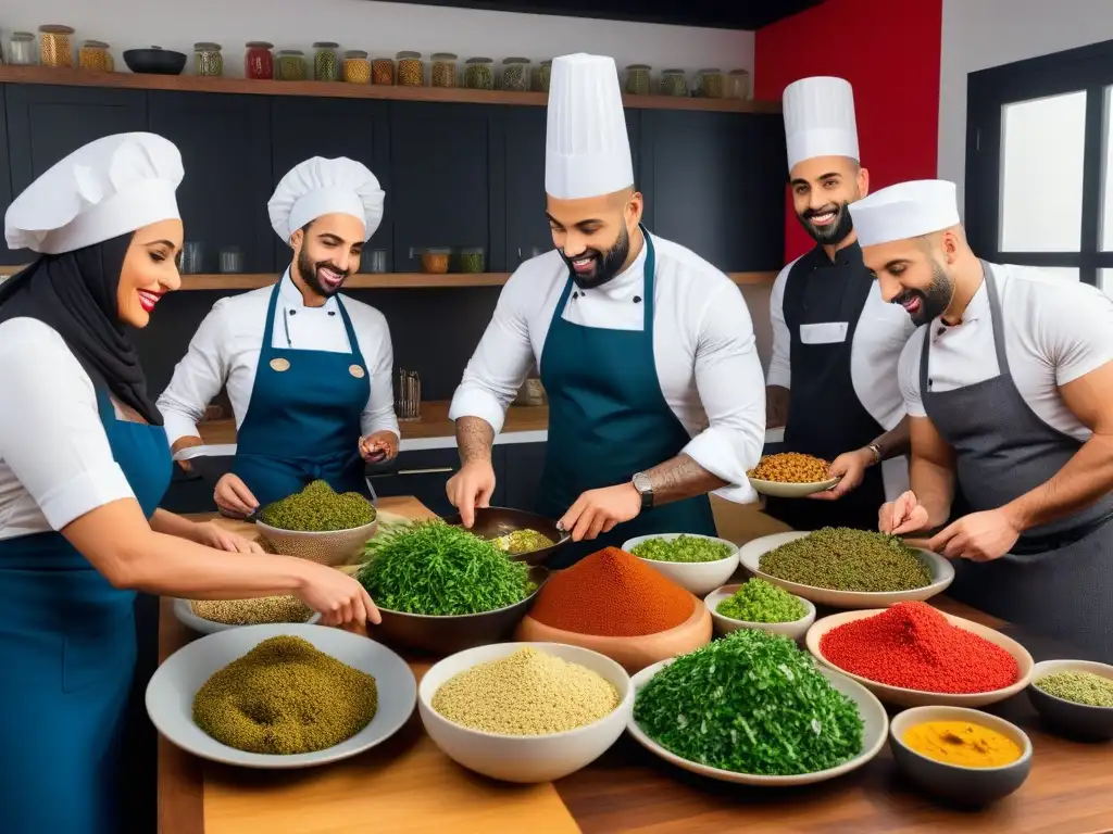 Un festivo taller de cocina vegana en Medio Oriente con platos coloridos y participantes entusiastas