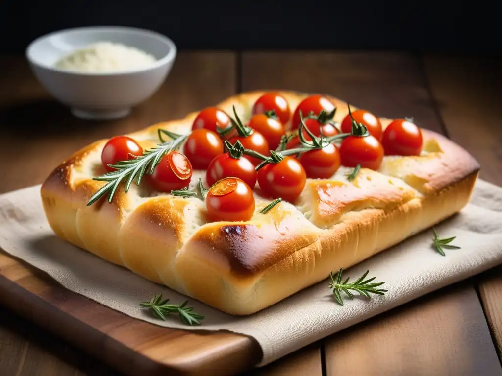 Una focaccia vegana sin gluten deliciosa con tomates cherry y romero, sobre tabla de madera rústica