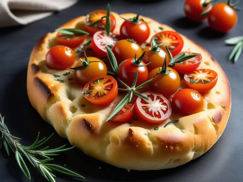 Focaccia vegana sin gluten: dorada y crujiente, decorada con tomates cherry y romero fresco