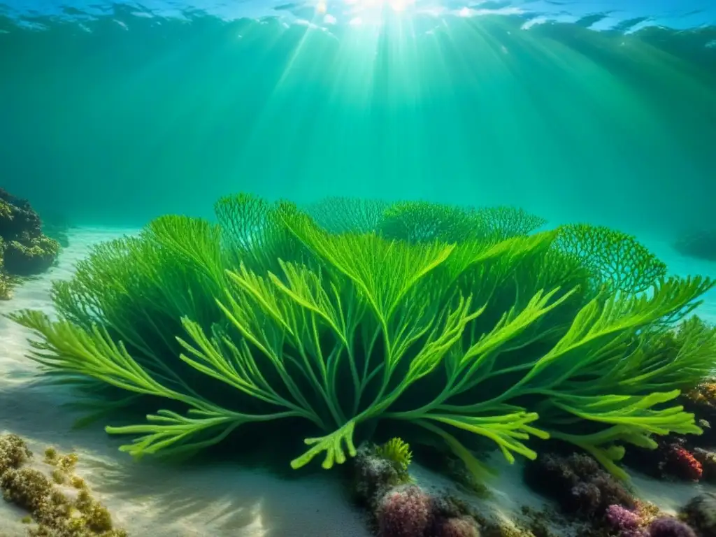 Exuberante bosque de algas verdes en aguas turquesas Fondo marino de algas verdes vibrantes, danzando en aguas turquesas, iluminadas por el sol