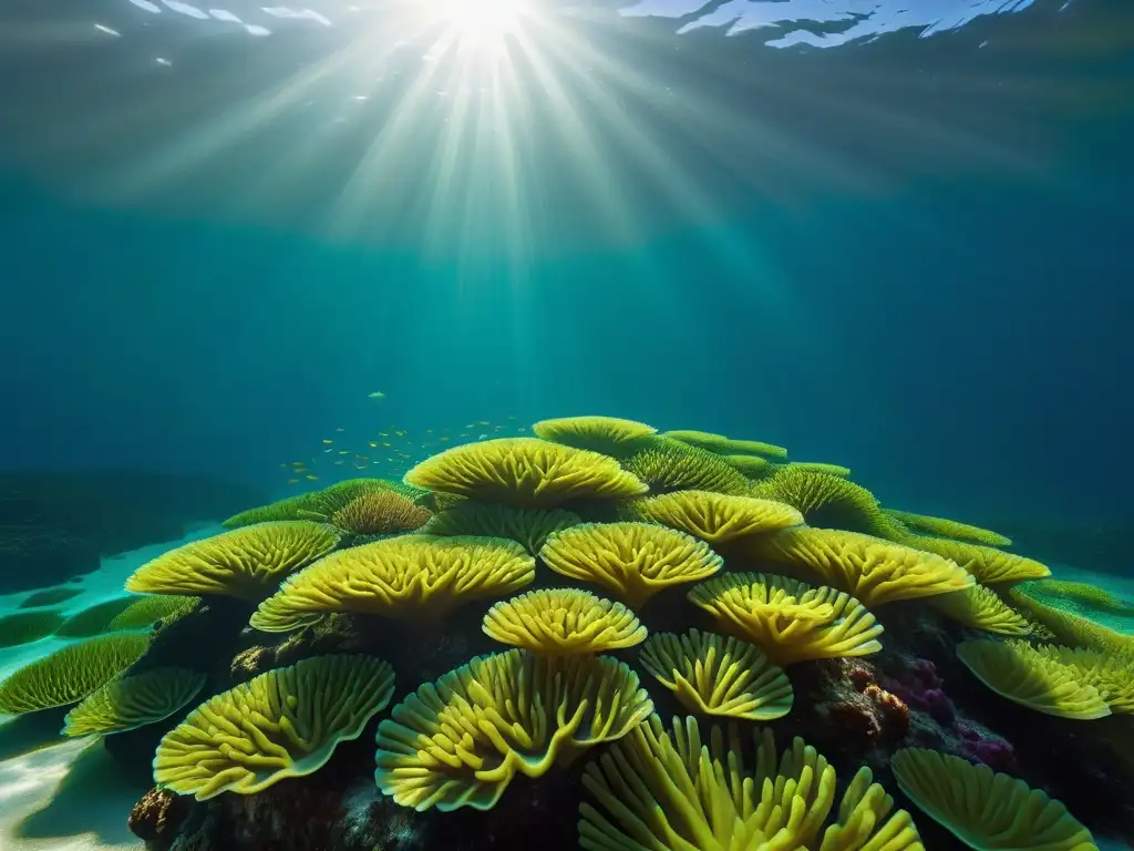 Un fondo marino sereno con algas verdes vibrantes y vida acuática