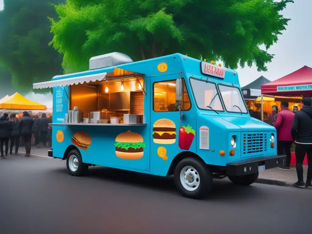 Food truck vegano en mercado con recetas veganas comida rápida y clientes felices