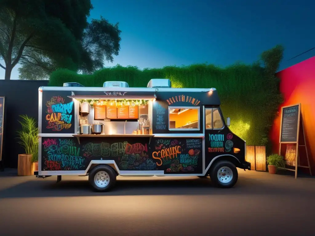 Un food truck vibrante con graffiti, sirviendo delicias veganas alegres bajo luces de verano