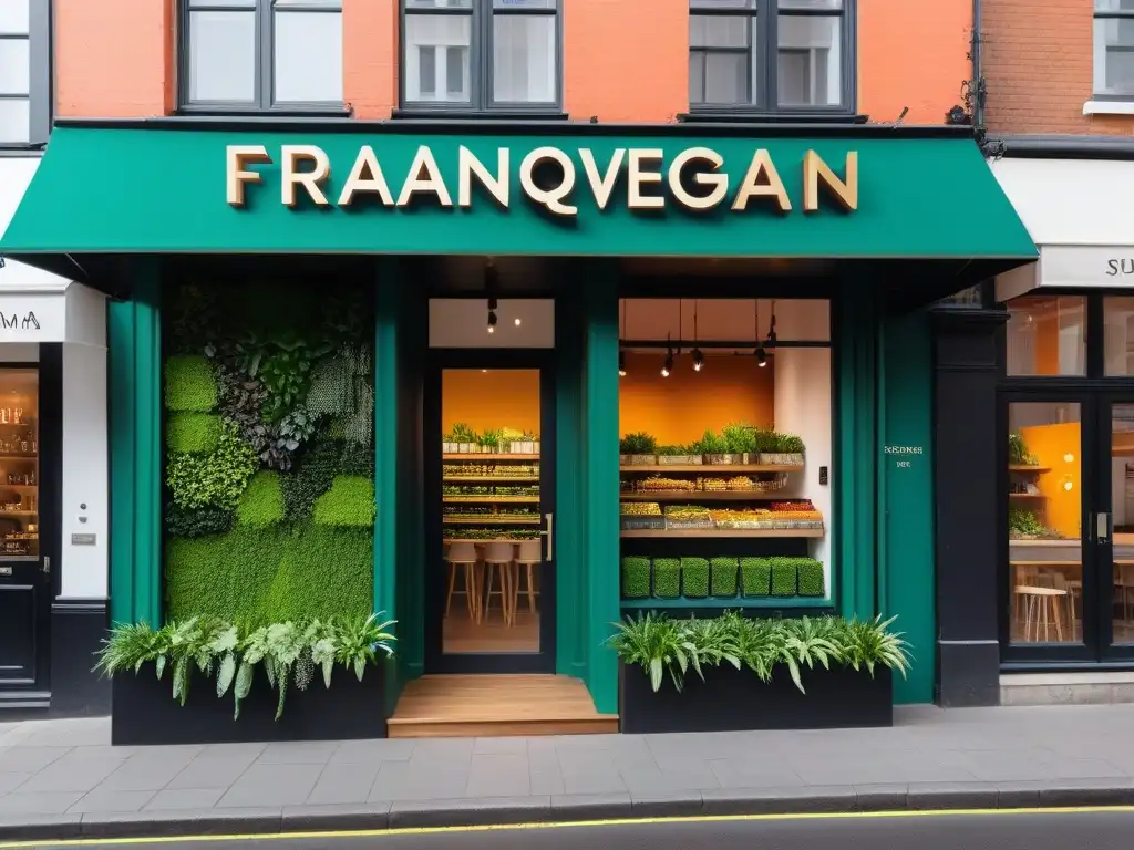 Franquicia Vegana con muro verde y clientes felices