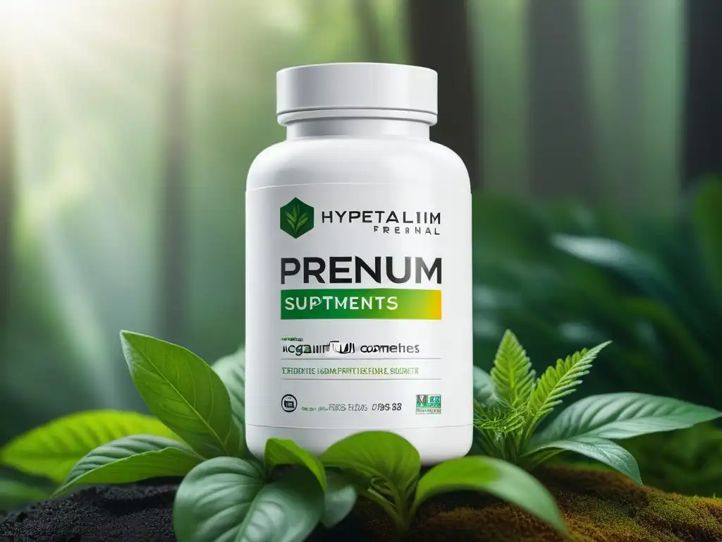 Un frasco de suplementos vegano premium frente a exuberante vegetación, simbolizando salud y naturaleza