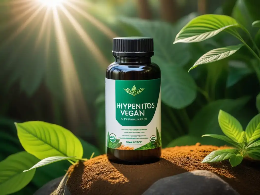 Un frasco de suplementos veganos de alta gama brilla entre la exuberante vegetación, irradiando vitalidad y energía