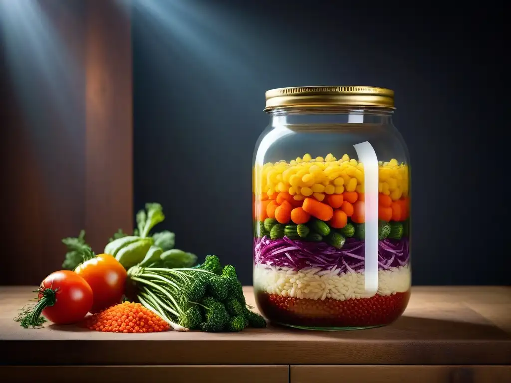 Un frasco de vidrio con capas de verduras fermentadas, mostrando la belleza de la fermentación en recetas veganas