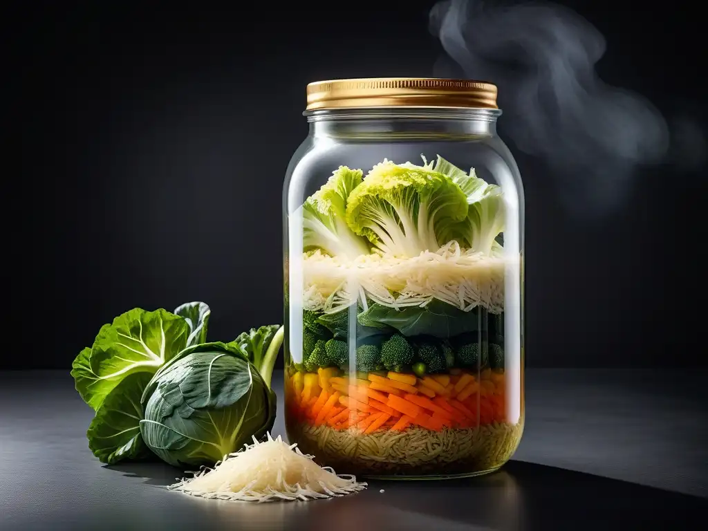 Un frasco de vidrio con vegetales coloridos en fermentación para sauerkraut vegano