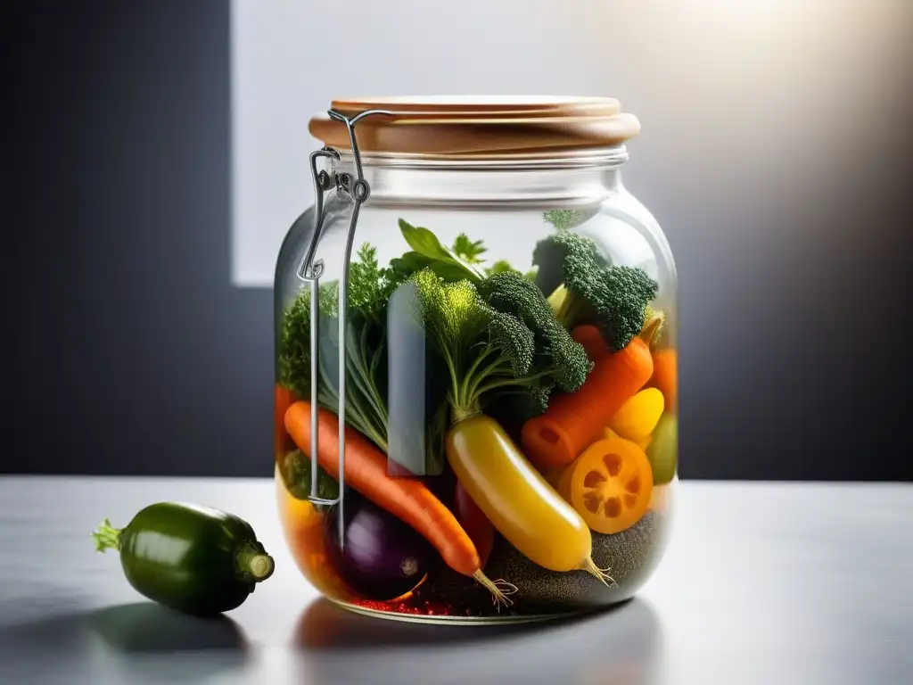 Un frasco de vidrio con vegetales coloridos en fermentación a baja temperatura vegana, capturando la belleza natural del proceso