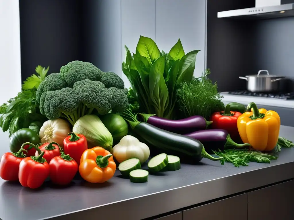 Vegetales frescos y coloridos en cocina moderna Frescos vegetales y hierbas en una cocina moderna, capturando la esencia de la fermentación en cocina vegana sin aceite