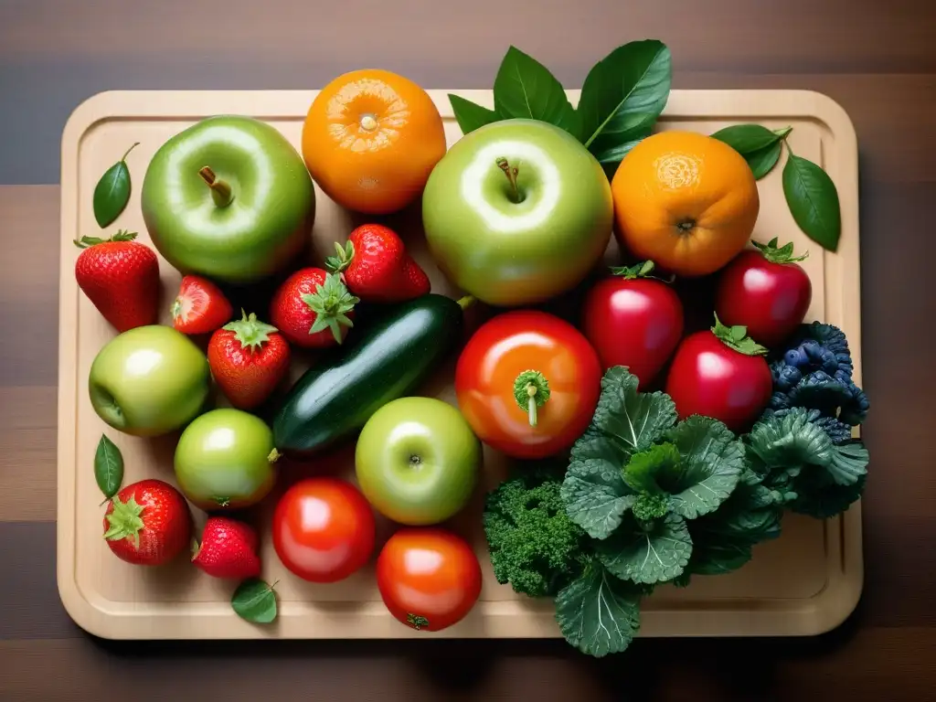 Frescura y color en frutas y verduras sobre tabla de cortar