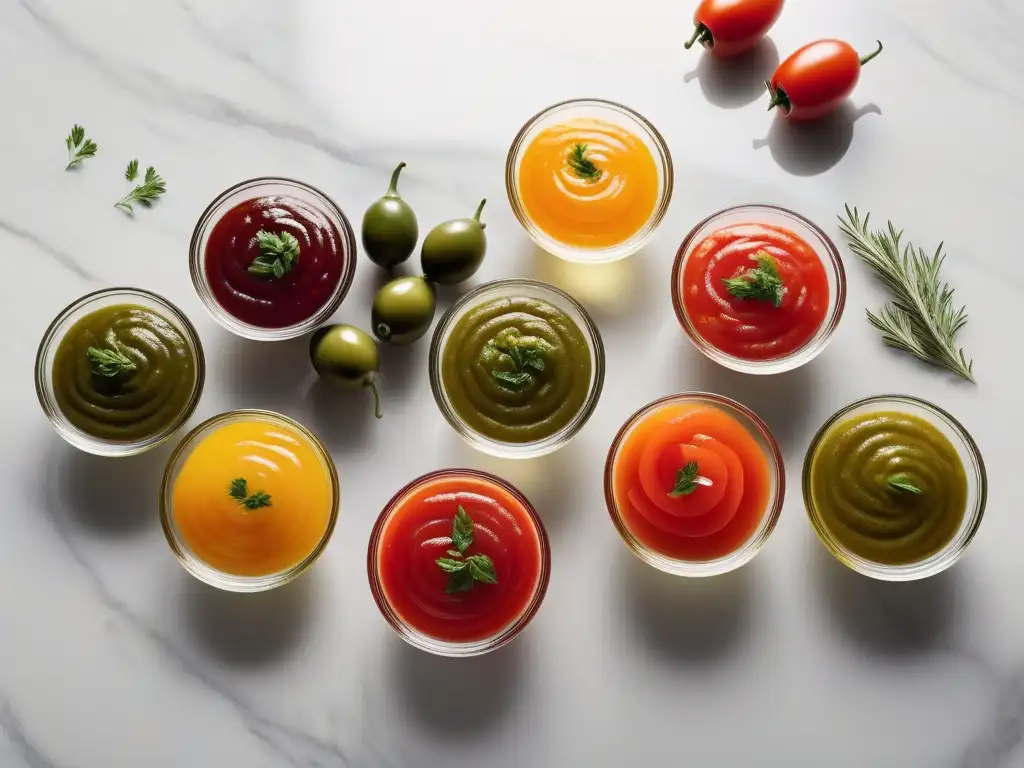 Saborea la frescura y colorido de salsas crudiveganas caseras fáciles en elegantes boles de vidrio sobre una encimera de mármol