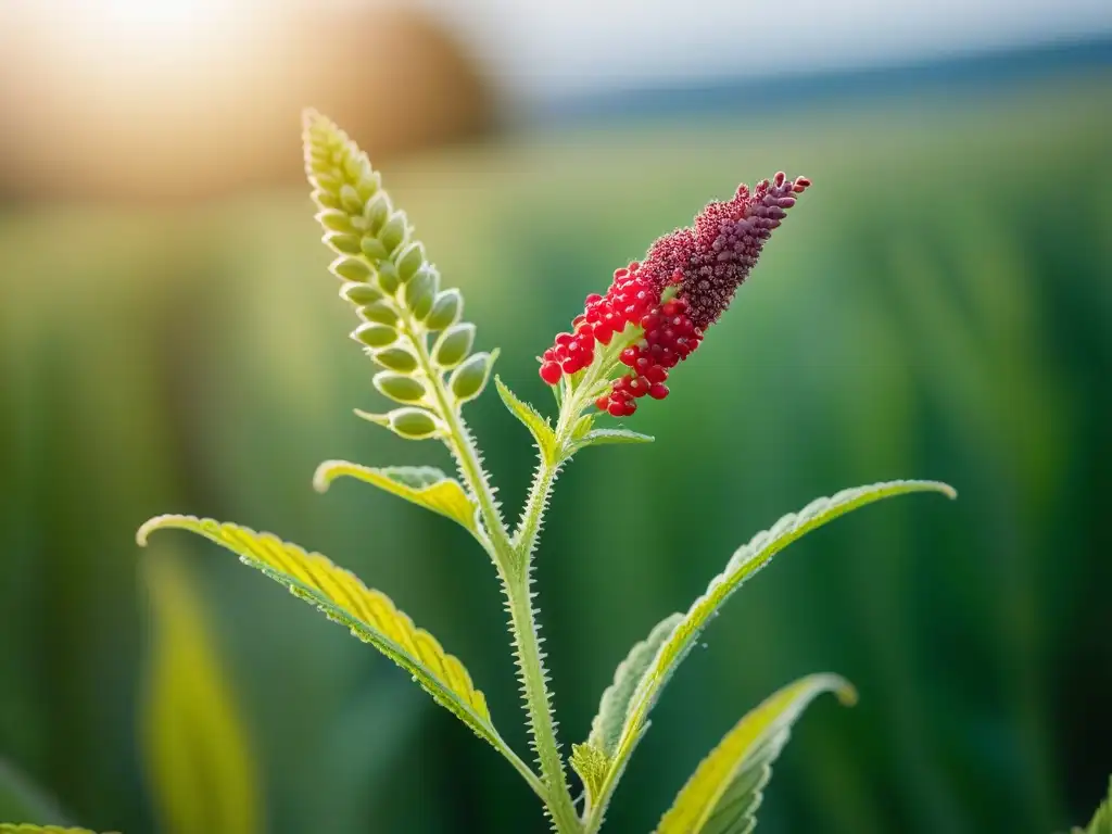 Fuentes de proteína vegetal alternativas: Detalle vibrante de una planta de quinoa, resaltando sus semillas y colores