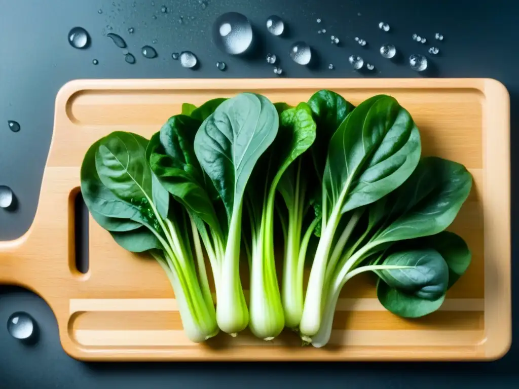 Fuentes veganas de calcio sin lácteos: Variedad de verduras verdes frescas sobre tabla de corte de madera