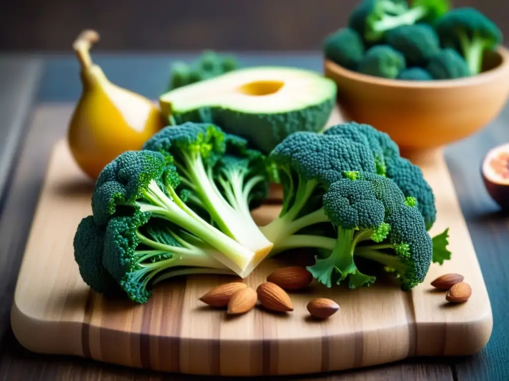 Fuentes veganas de calcio sin lácteos: Variedad de ingredientes vegetales frescos sobre tabla de madera