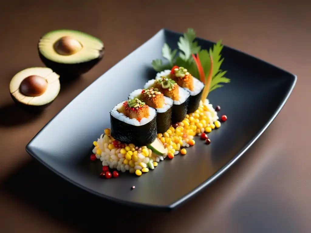 Una fusión culinaria mundial: sushi vegano con aguacate, verduras encurtidas y tofu, acompañado de elote con mantequilla de miso y shichimi togarashi