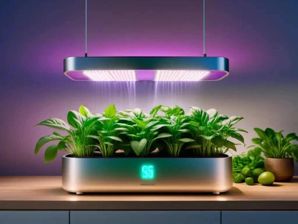 Un jardín hidropónico futurista en una cocina moderna, cultivando ingredientes veganos