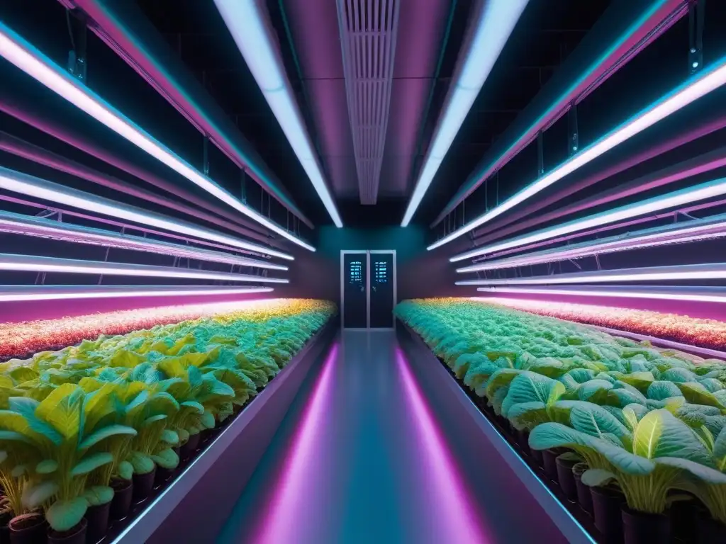 Futurista granja vertical cubierta de plantas verdes bajo luces LED, fusionando tecnología y naturaleza en Fuentes de proteína vegetal alternativas