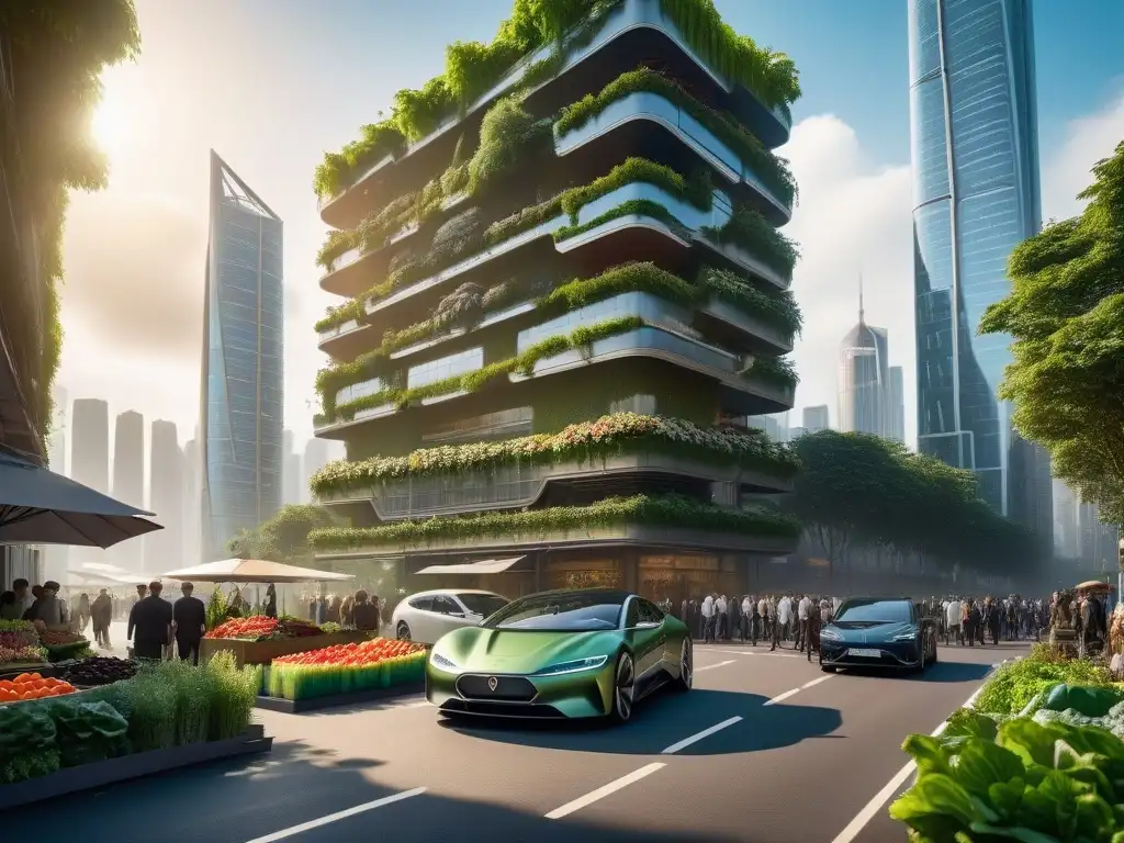 Un futurista paisaje urbano al atardecer con rascacielos ecológicos y jardines verticales, reflejando veganismo y tecnologías verdes