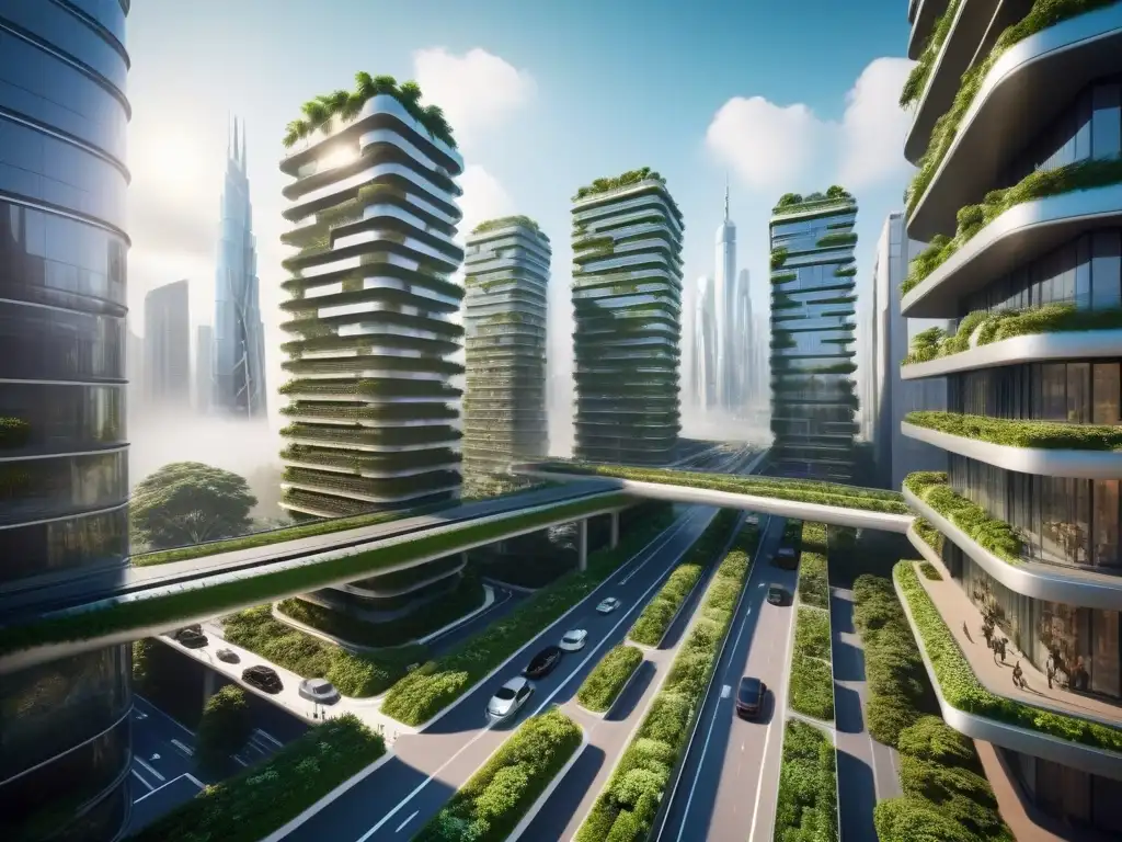 Metrópolis futurista con vegetación integrada en rascacielos y transporte sostenible, simbolizando una ciudad saludable y verde