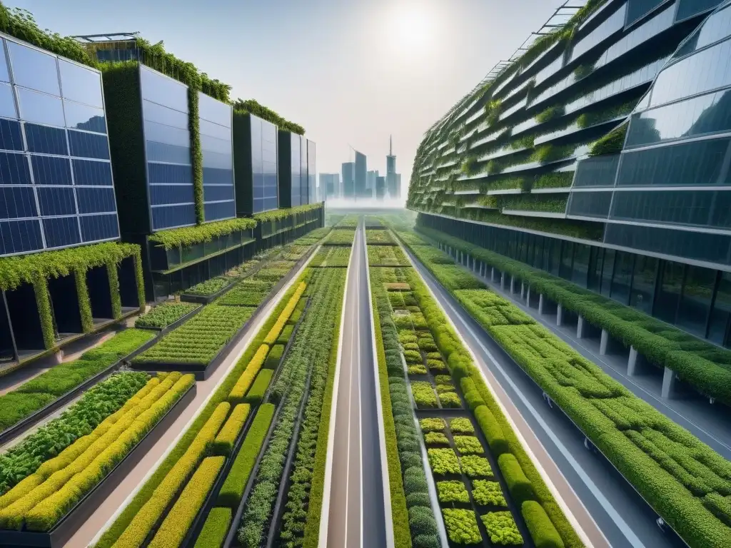 Un futuro sostenible: ciudad con rascacielos verdes, vehículos eléctricos y jardines verticales