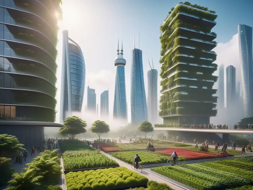 Un futuro sostenible con edificios integrados con jardines verticales, energía renovable y personas comprometidas en actividades ecoamigables