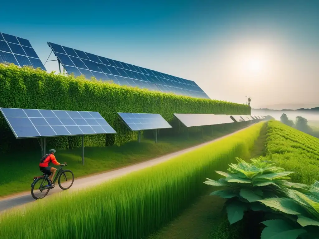 Un futuro sostenible con edificios verdes, gente caminando y en bicicleta, rodeado de naturaleza y paneles solares