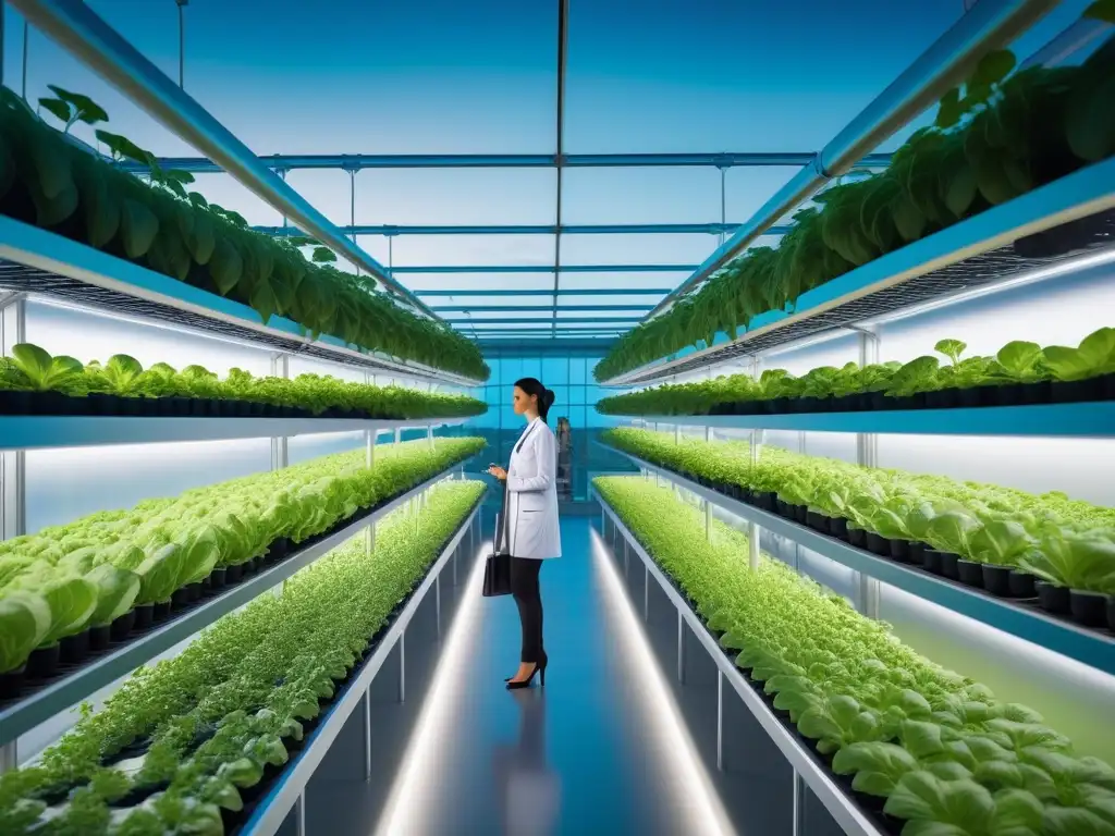 Un futuro sostenible: granja vertical futurista con diversidad y tecnología, impacto ambiental alimentación vegana