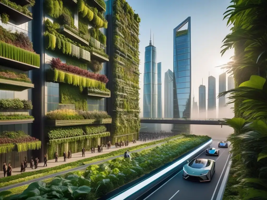 Un futuro sostenible y vegano: ciudad futurista con rascacielos verdes, vehículos eléctricos y personas felices caminando y andando en bicicleta