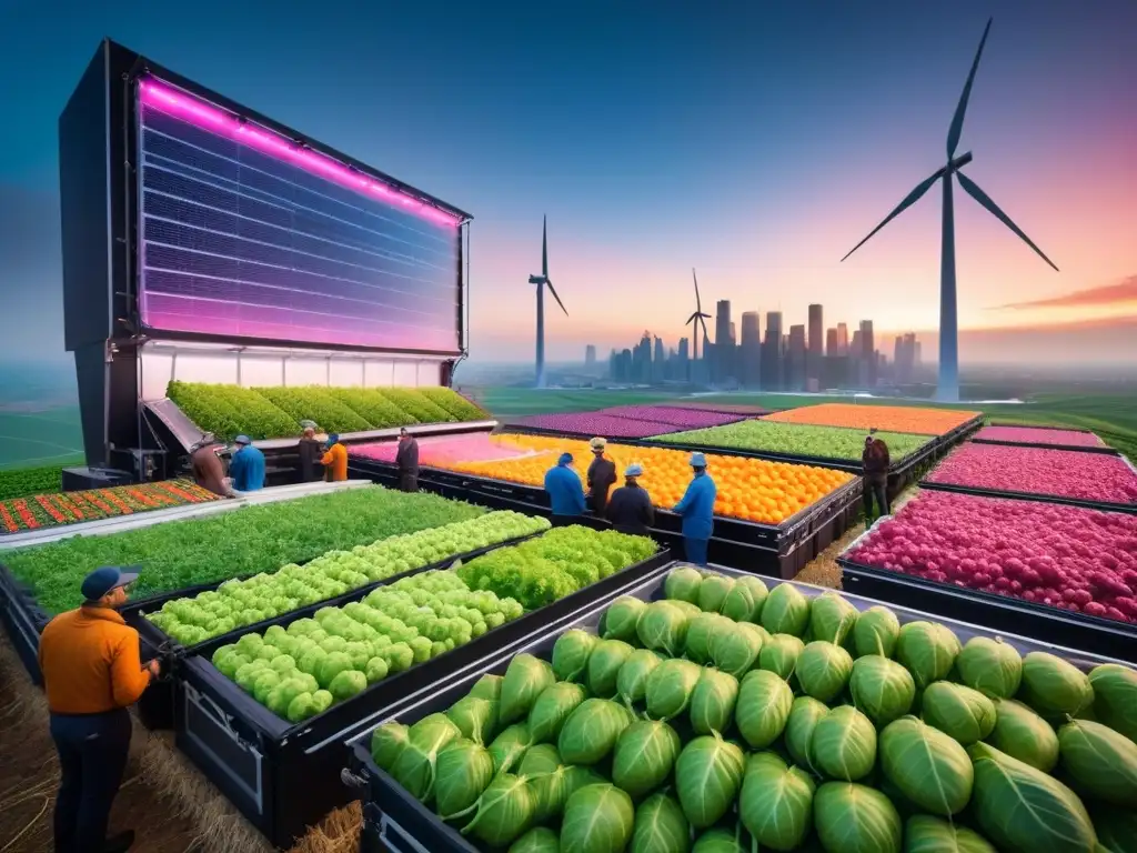 Un futuro sostenible y vibrante: comunidad diversa cosechando frutas y verduras en granjas verticales