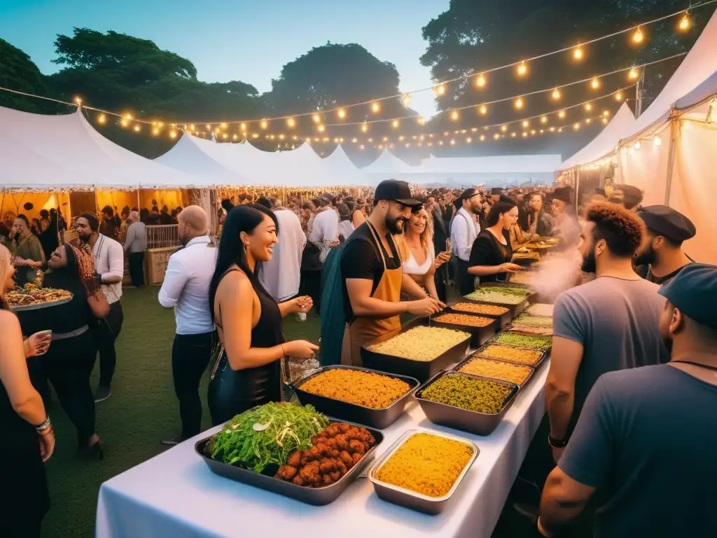 Explora la gastronomía en festivales veganos con delicias culinarias y ambiente festivo bajo luces de hadas al atardecer