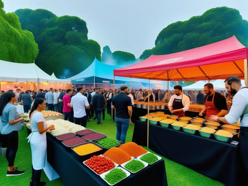 Explora la gastronomía en festivales veganos, una escena vibrante y moderna llena de coloridos platos vegetales y diversidad cultural