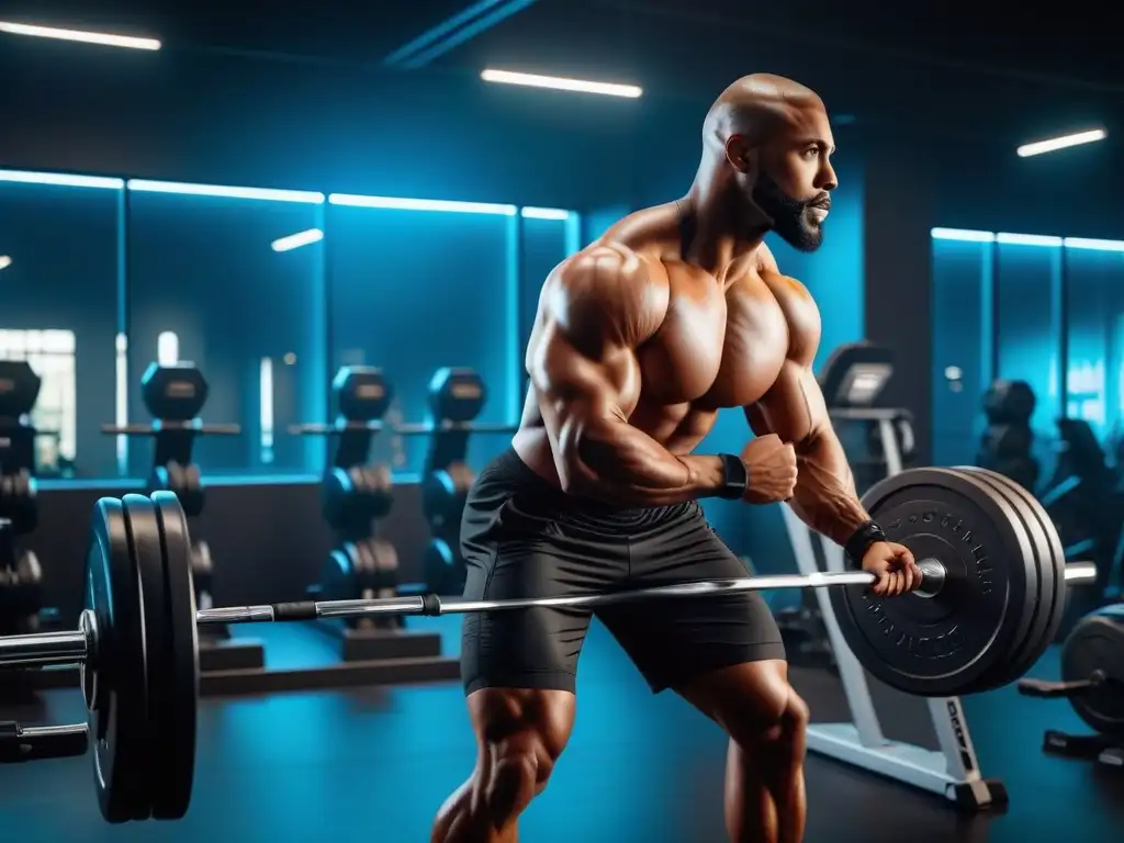 Un gimnasio futurista con equipo avanzado de entrenamiento, iluminado por luz natural