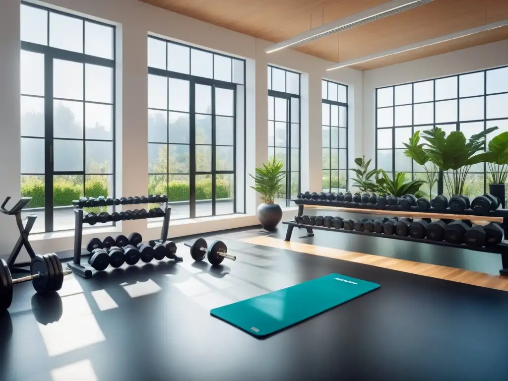 Un gimnasio moderno y elegante con equipamiento deportivo vegano de calidad, iluminado por luz natural y plantas verdes vibrantes