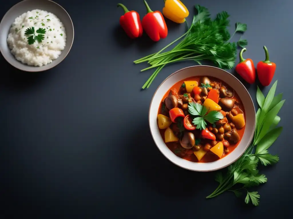 Un goulash vegano húngaro moderno con vegetales coloridos y salsa de pimentón, servido en un elegante cuenco