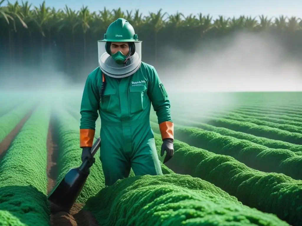 Una granja de espirulina vibrante bajo el sol, con trabajadores y maquinaria moderna, rodeada de exuberante vegetación y cielos azules