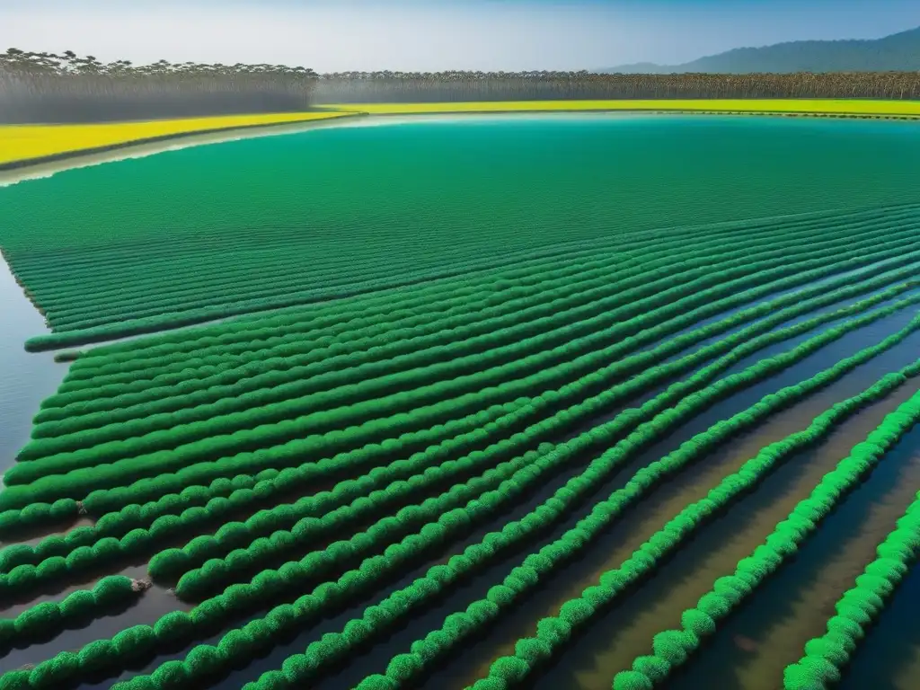 Granja de espirulina vibrante bajo el sol, con tanques y trabajadores en uniformes modernos