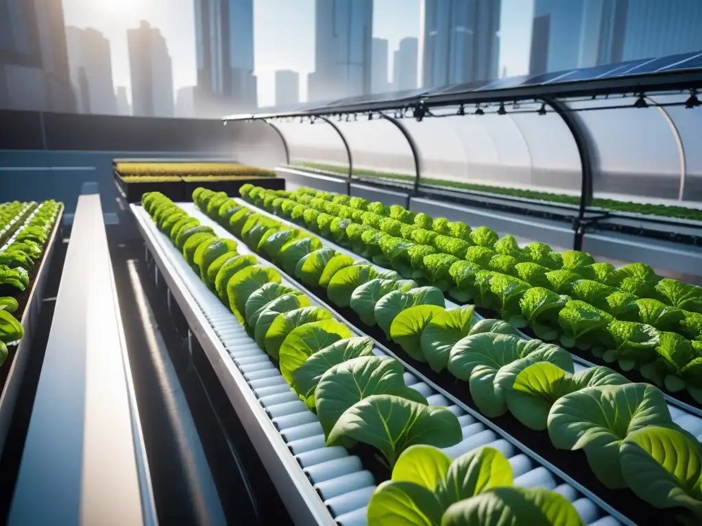 Una granja hidropónica vertical en la ciudad, con verduras vibrantes y tecnologías para cultivo vegano urbano