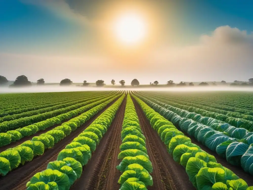 Una granja de plantas vibrante y detallada, con trabajadores recolectando frutas y verduras bajo el sol