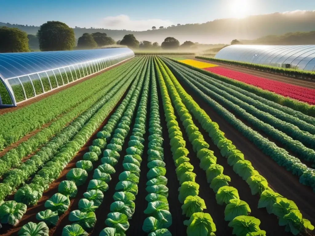 Una granja vegana sostenible llena de cultivos coloridos bajo el sol, con agricultura avanzada y diversidad de agricultores