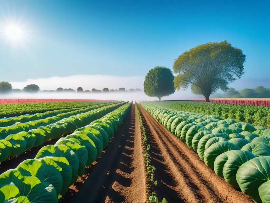 Una granja vegetal exuberante y vibrante con frutas y verduras coloridas bajo el cielo azul