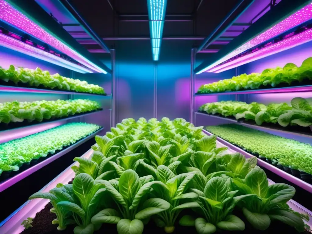 Una granja vertical de alta tecnología con ingredientes innovadores para ensaladas veganas, iluminada por luces LED brillantes