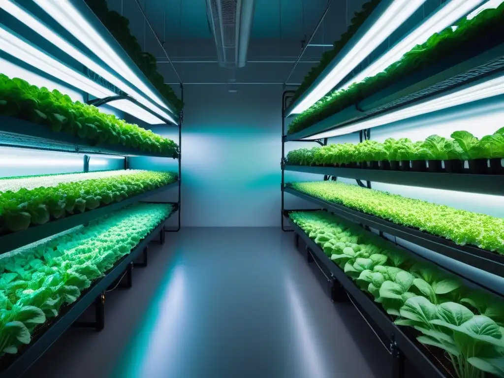 Una granja vertical de alta tecnología con hortalizas veganas vibrantes bajo luces LED especializadas