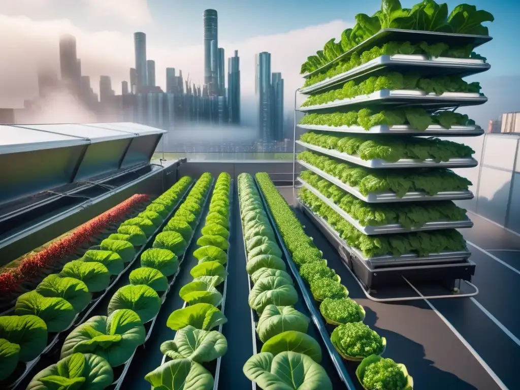 Una granja vertical de alta tecnología con vegetales y frutas coloridas, robots y ciudad futurista, destacando la tecnología en alimentación vegana