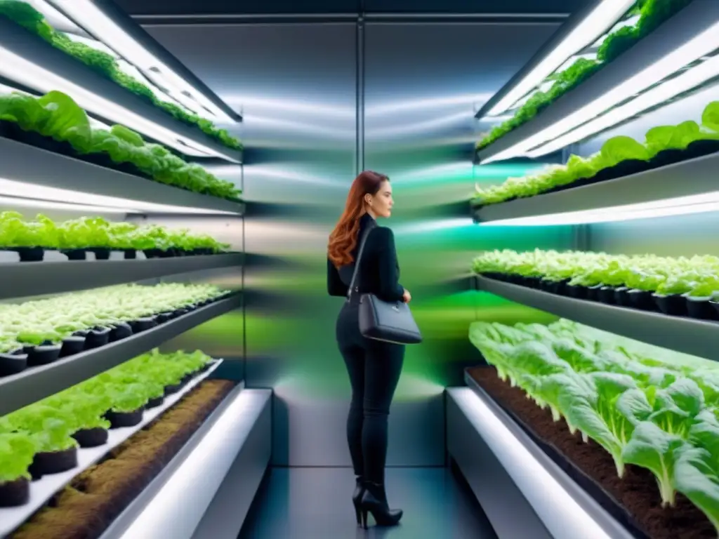 Una granja vertical de alta tecnología cultivando vegetales bajo luces LED, destacando tecnologías cocina vegana sostenible