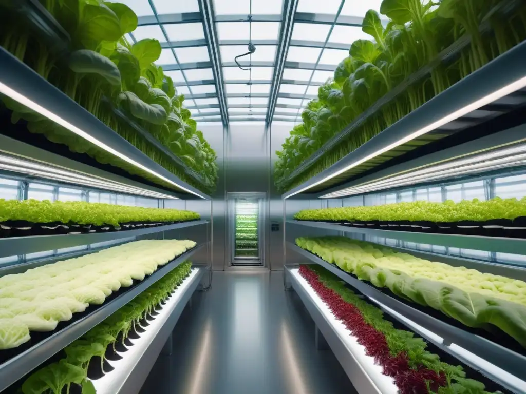 Una granja vertical futurista con alimentos veganos en un entorno moderno y sostenible